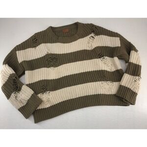 POL Olive Green Cream Striped Distressed Chunky Knit Sweater JST398 Womens Small